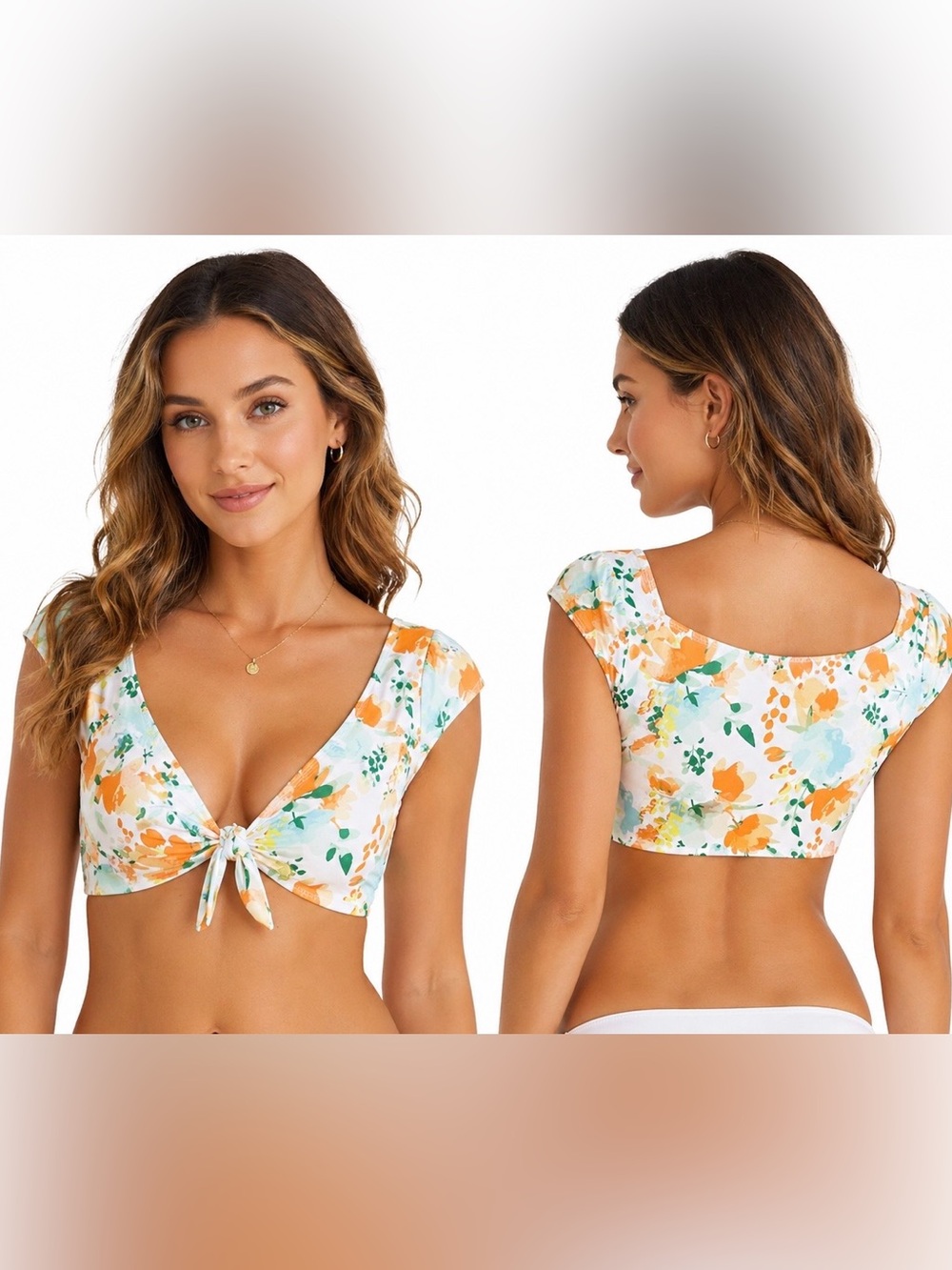 Floral Tie Front Padded Swim Top XS NWOT